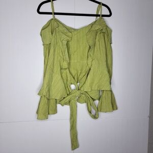 Ovianca Lime Green Ruffle Front Tie Blouse Size M Boho Cottagecore Top